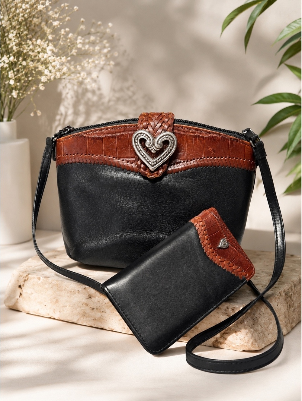 Brighton Black & Brown Genuine Leather Crossbody Bag with Matching Wallet
